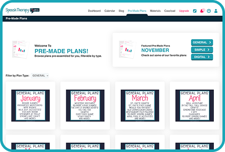 Graphic of the Pre-made Therapy Plans in the Speech Therapy Plans dashboard.