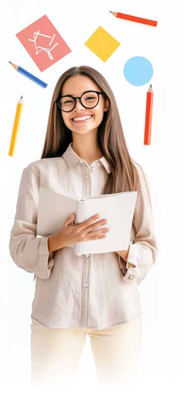 Graphic of cartoon woman holding a pink book.