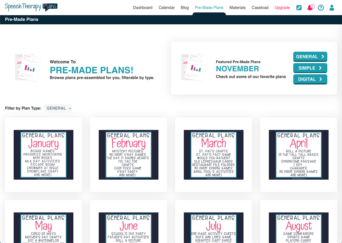 Graphic of the premade plans view in the Speech Therapy Plans dashboard.