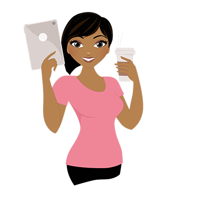 Graphic of cartoon woman holding an iPad and a cup of coffee.