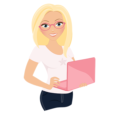 Graphic of the cartoon woman holding a pink laptop.