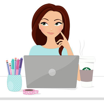 Graphic of a cartoon woman sitting infront of a laptop, coffee cup, and cup of pencils.