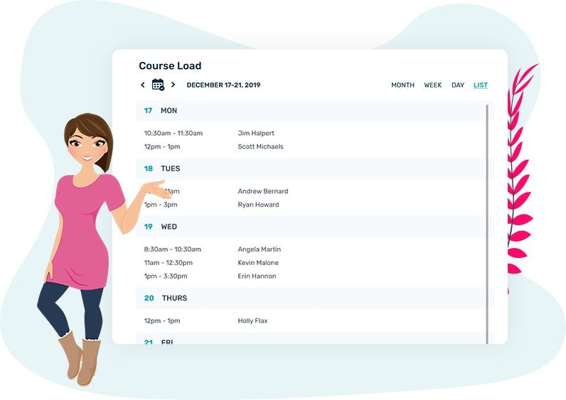 Graphic of cartoon woman showing a view of the Course Load Dashboard view of Speech Therapy Plans.